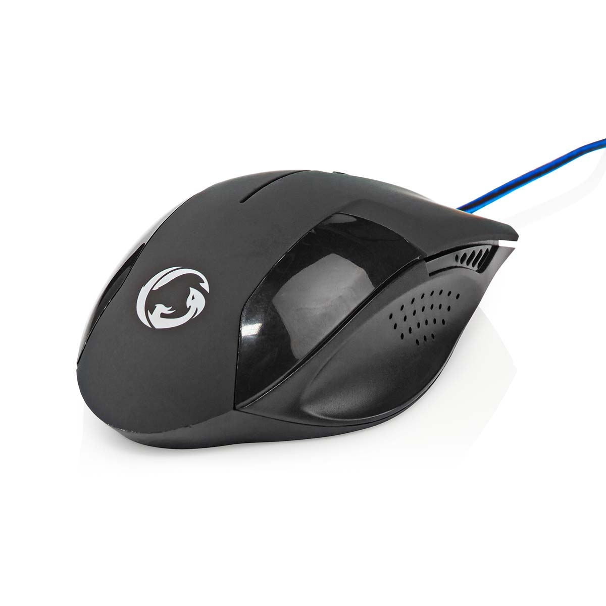 Schwarze Computermaus mit blauem Kabel. Die Maus hat ein Logo oben.