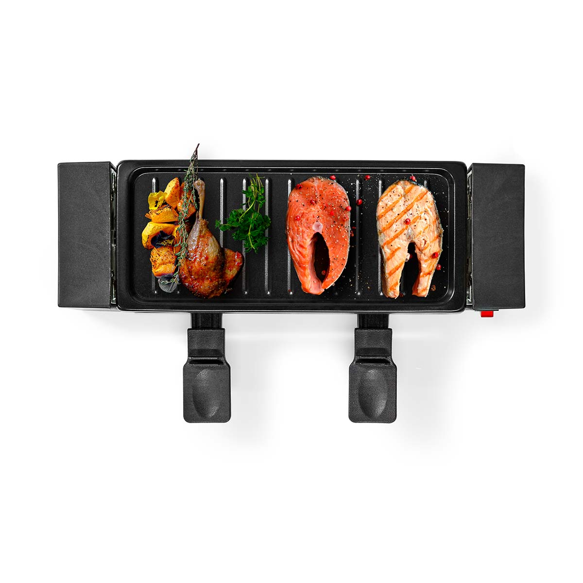 Griglia per raclette con cibo grigliato, verdure e pesce.