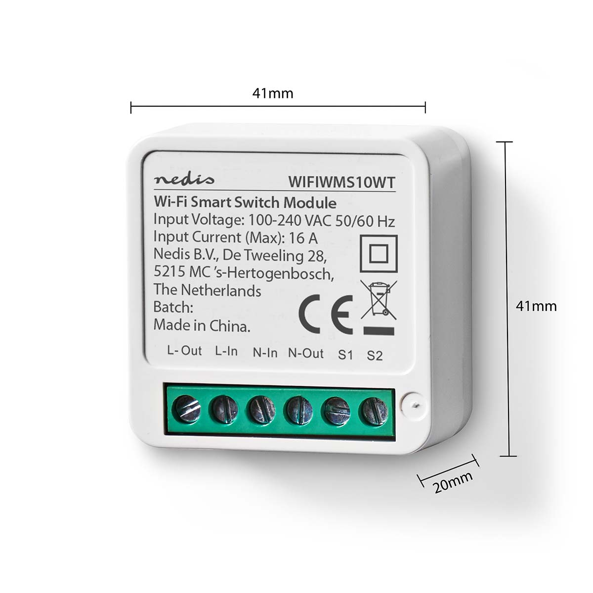 Witte slimme schakelmodule. Tekstdetails over specificaties en afmetingen van 41x41x20mm.
