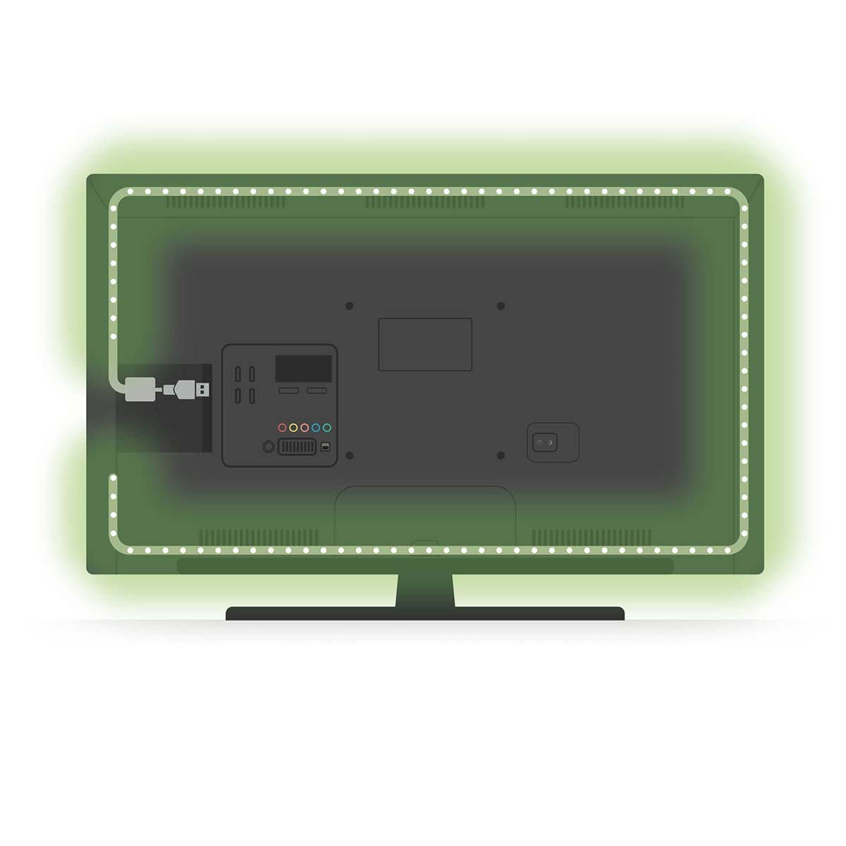 Achterkant van een tv met groene LED-strip en aansluitpoorten, op witte achtergrond.