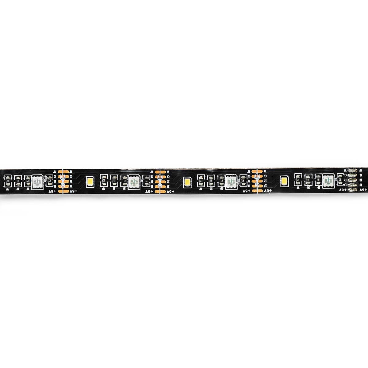 Zwarte LED-strip met witte en gele elementen, horizontaal geplaatst op wit.