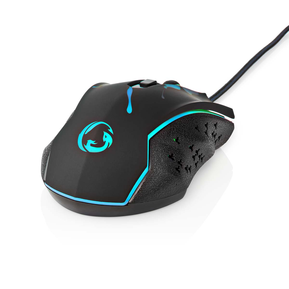 Schwarze Gaming-Maus mit blauen und cyanfarbenen Akzenten und Logo auf weißer Oberfläche.