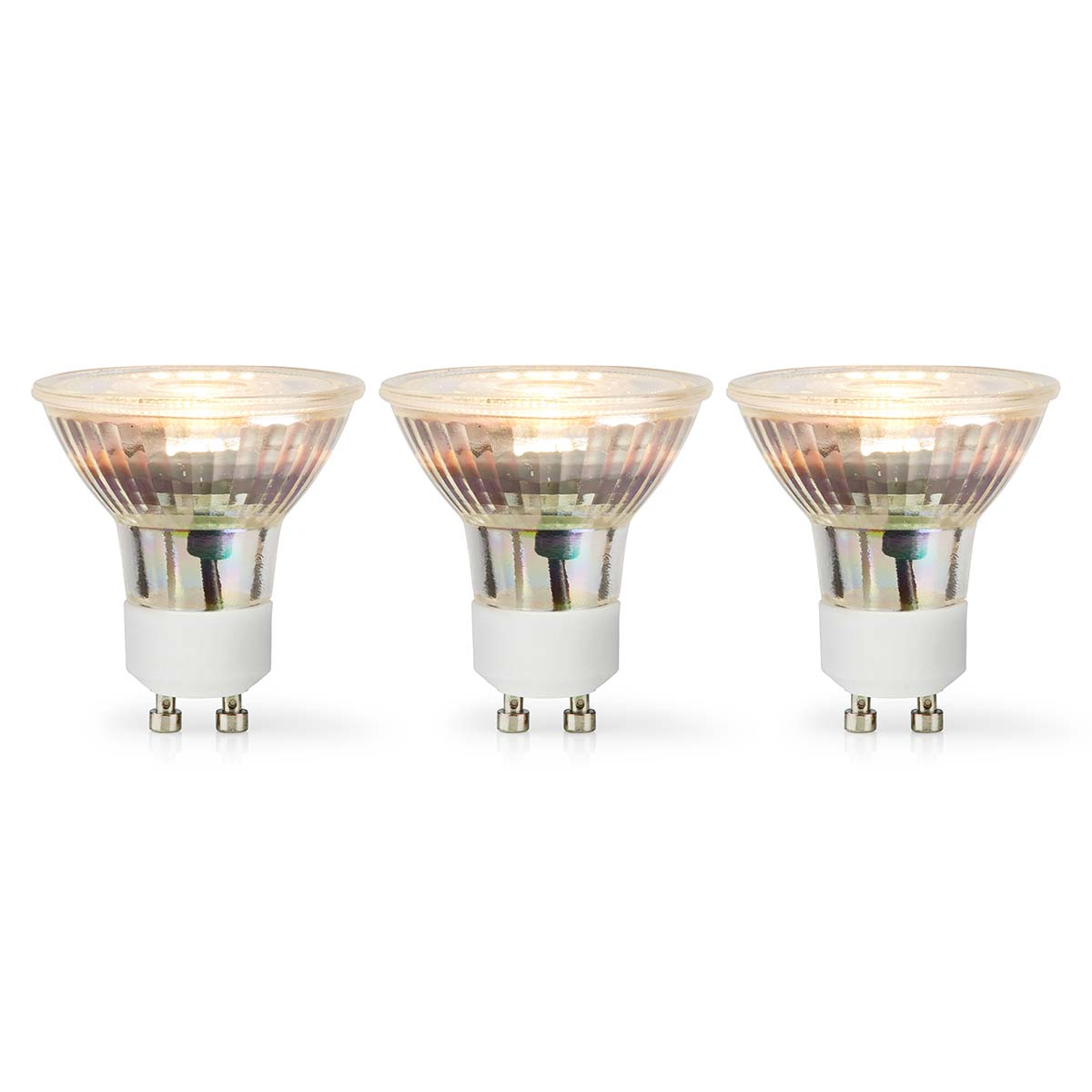 Tres bombillas. Cada una tiene una base blanca con dos pines y una bombilla transparente.