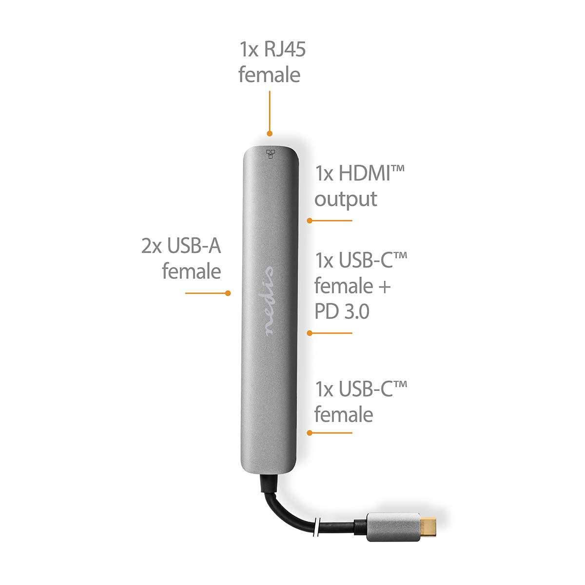 Hub USB-C argentato con più porte etichettate. Include USB-A, USB-C, HDMI e RJ45. Sfondo bianco.