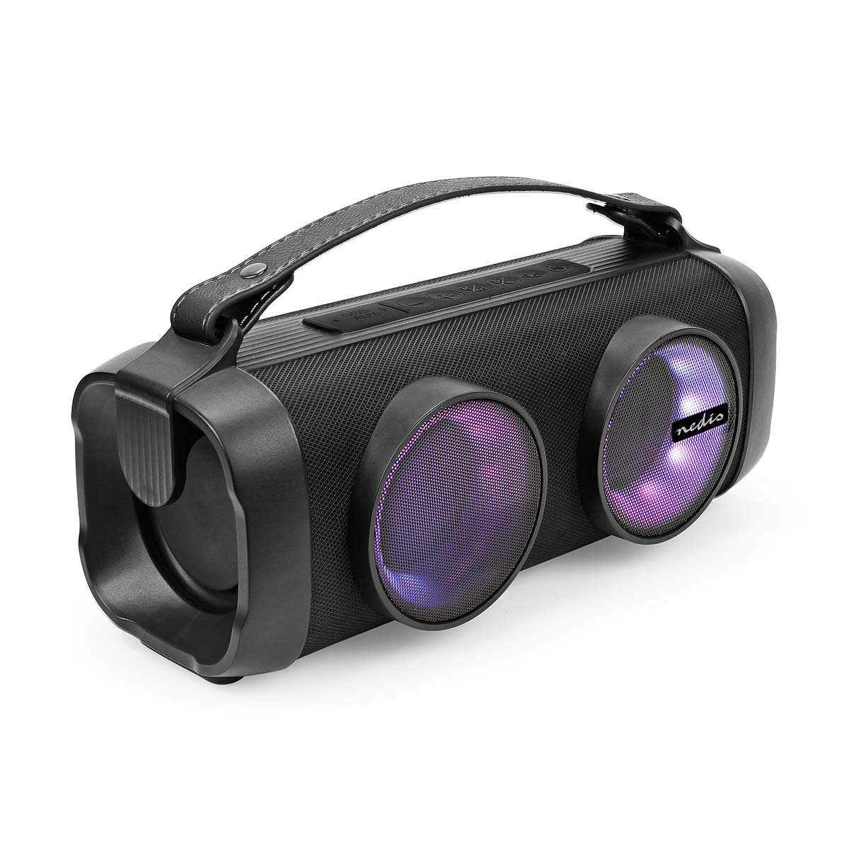 Altoparlante portatile nero con luci viola sull'altoparlante. Ha una maniglia.