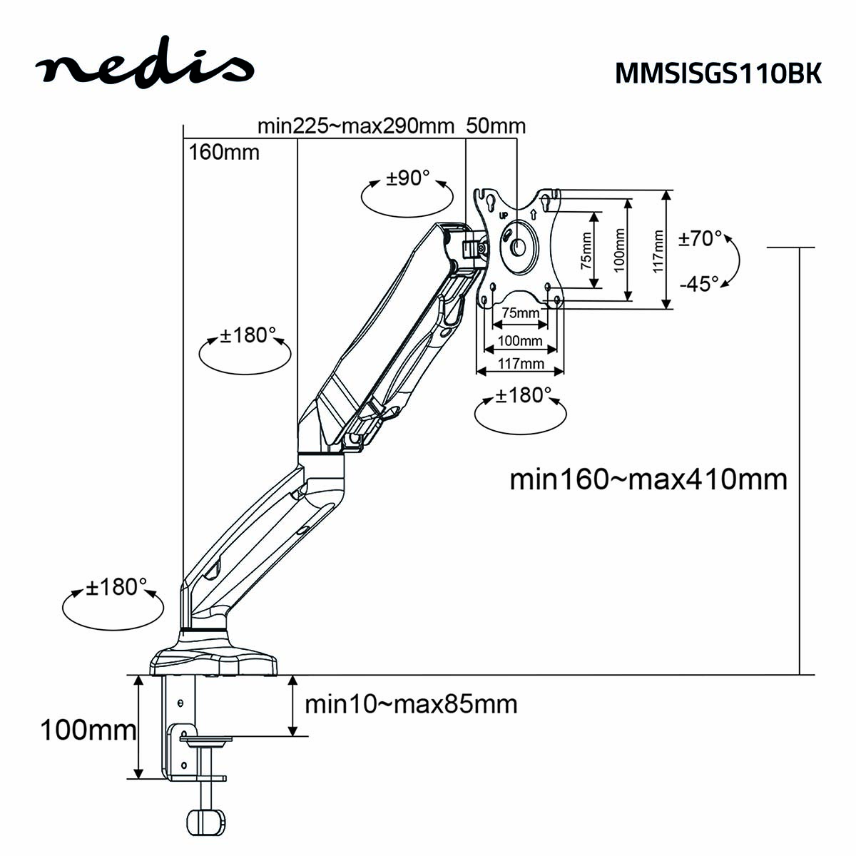 Diagram van een zwarte monitorarm met maatdetails. Het heeft afmetingen en hoekgraden.