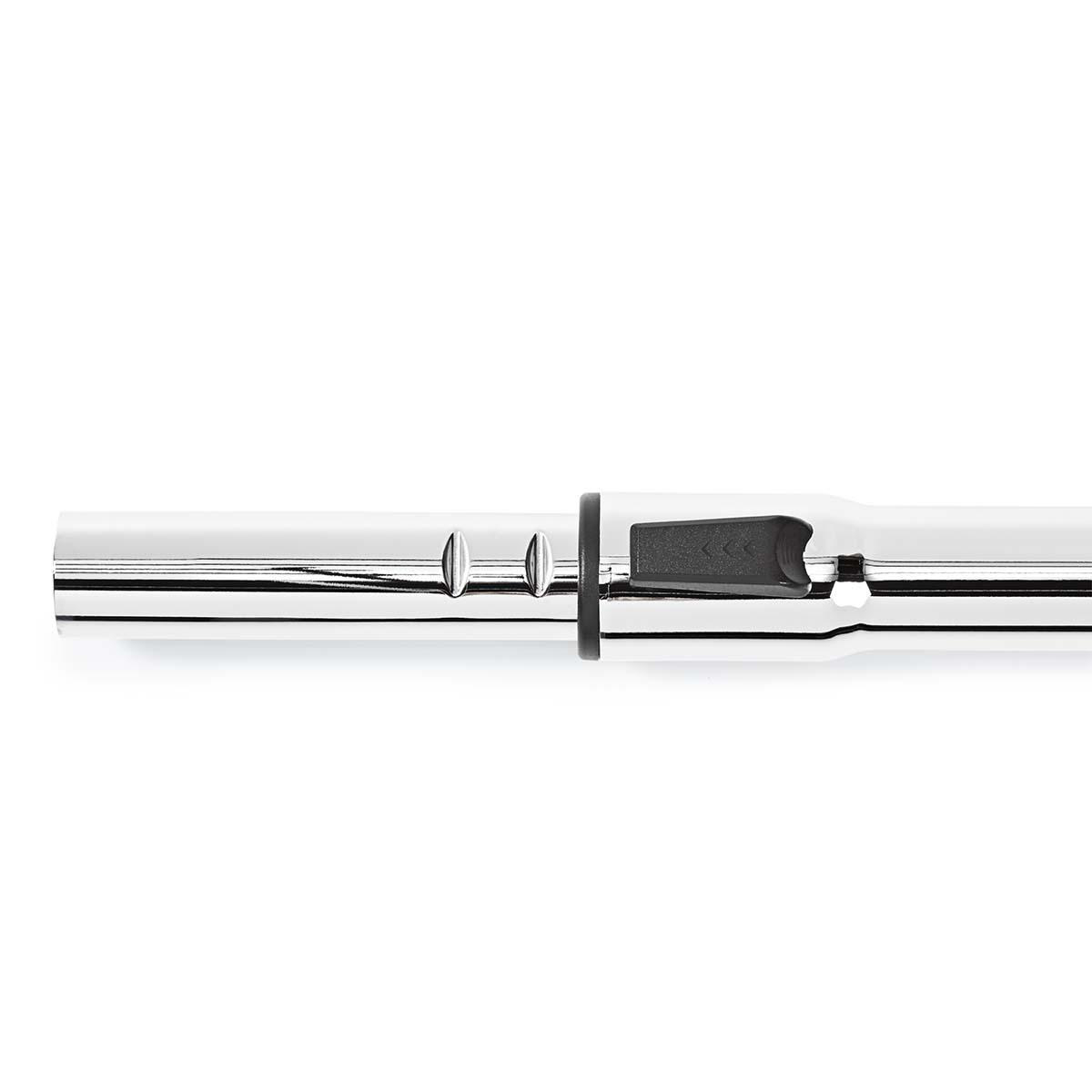A chrome vacuum cleaner tube with a black detail and a white background.