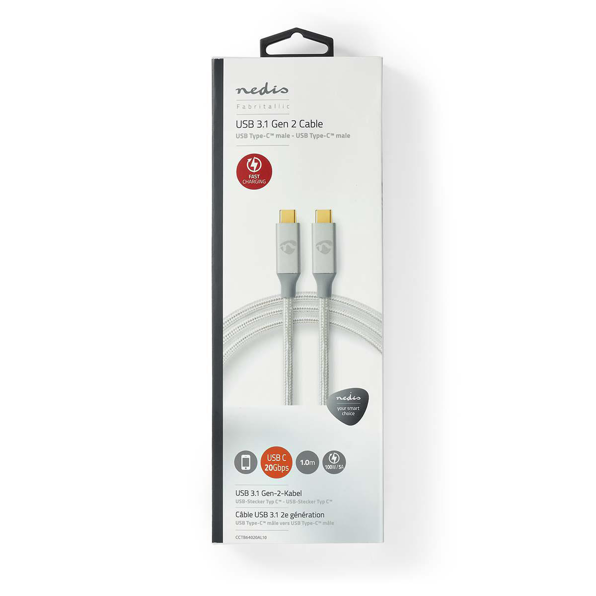 Cavo USB 3.1 Gen 2 in scatola, bianco e argento, con loghi e testo.