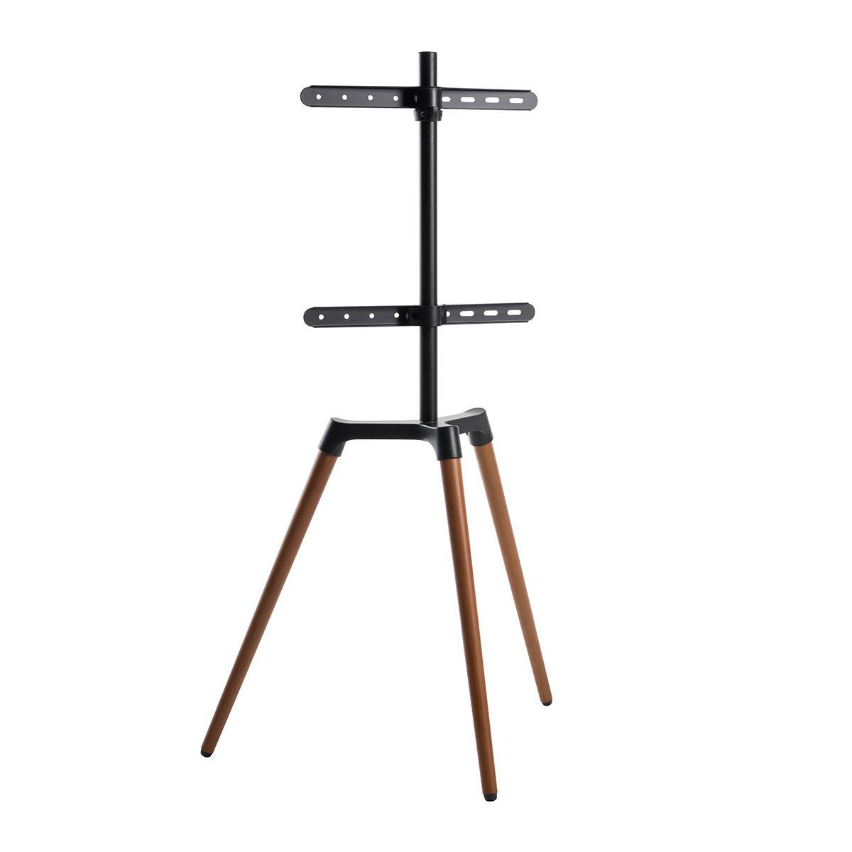 Un supporto TV nero con gambe in legno. Ha due barre orizzontali per montare la TV. Il supporto è su sfondo bianco.