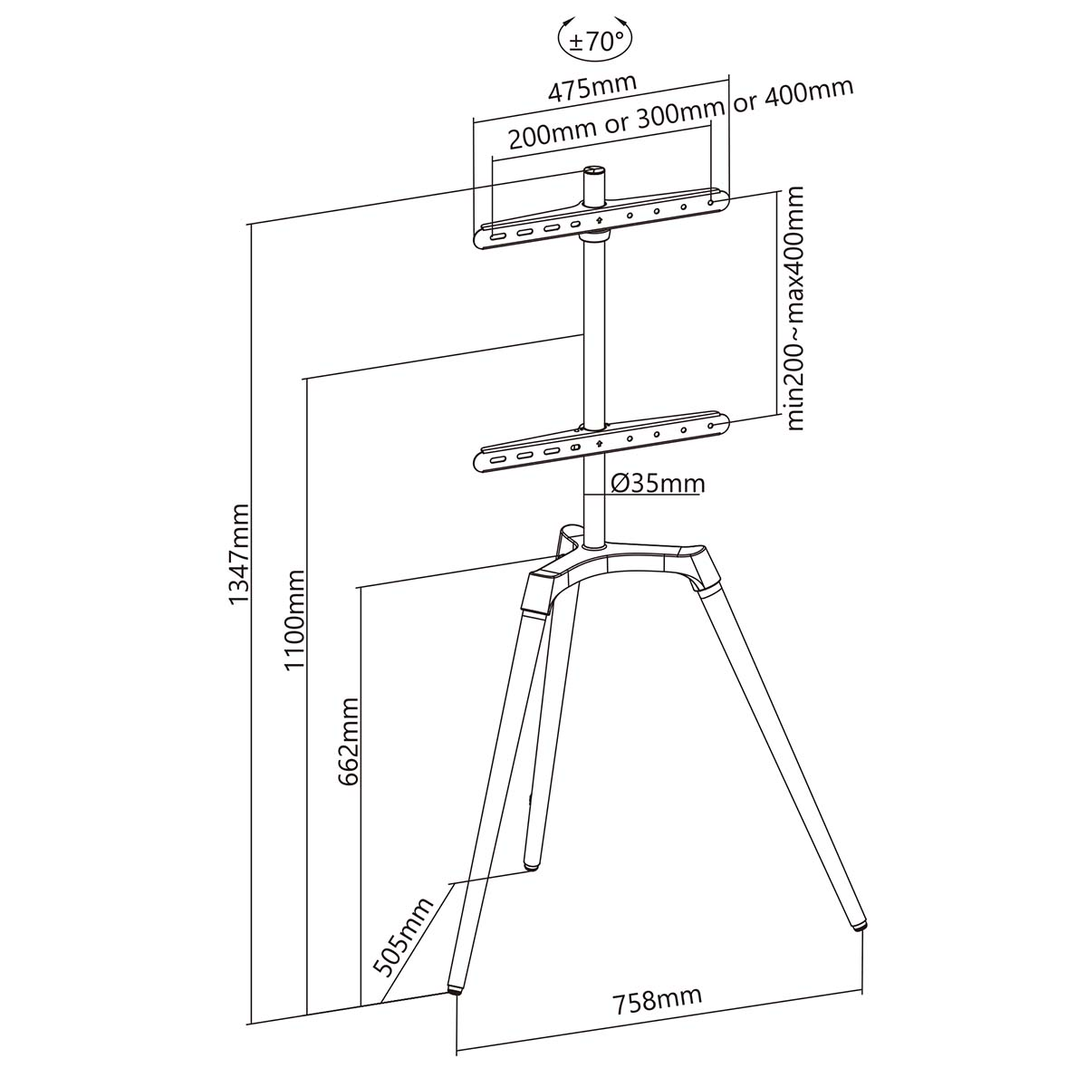 Diagramma di un supporto TV con misure. Presenta una base a treppiede, un palo centrale e due staffe orizzontali per la TV.