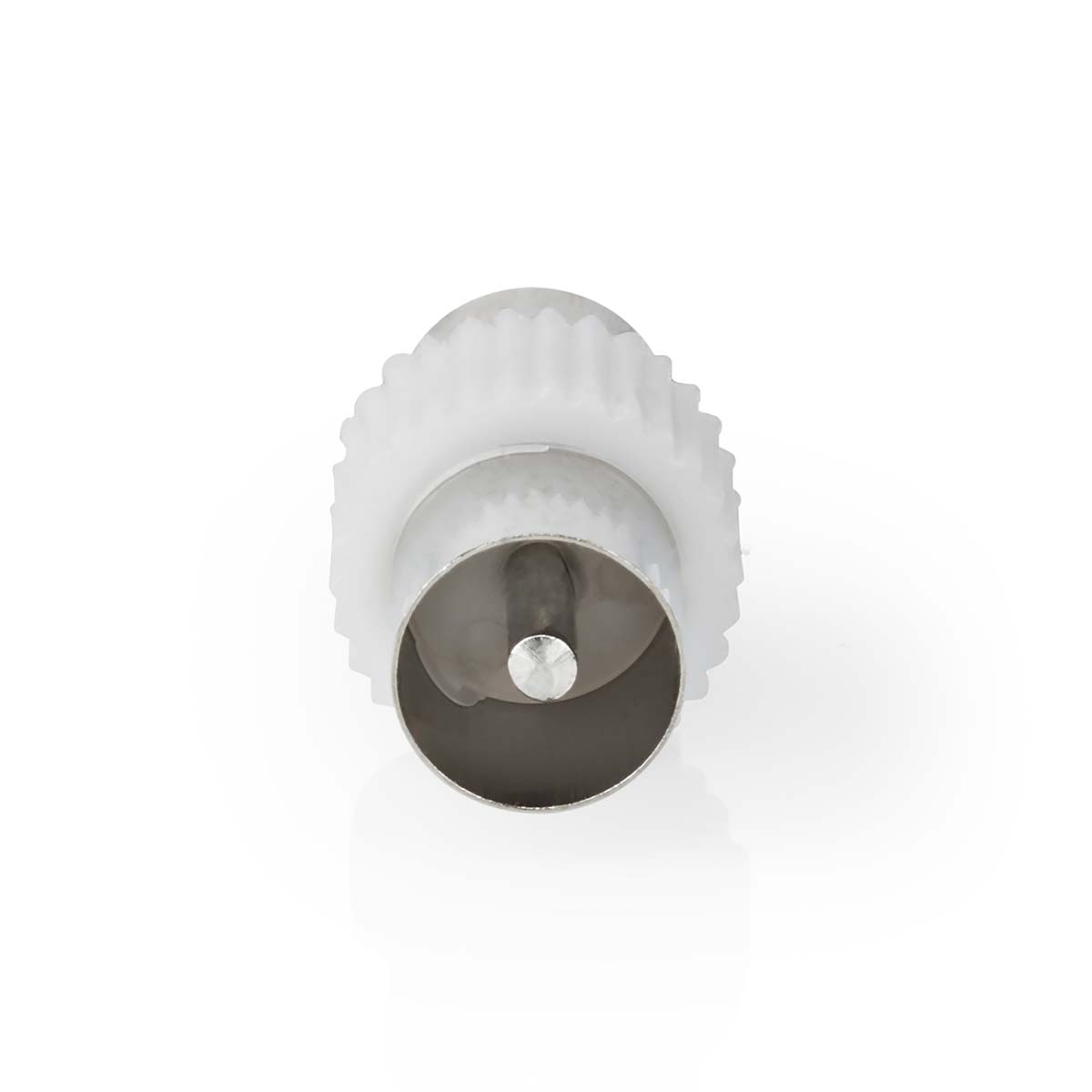 Un connettore bianco e argento con un design circolare.