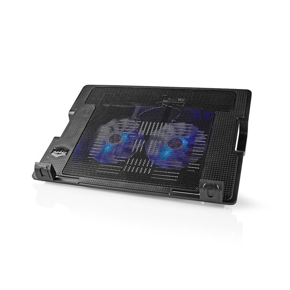 Schwarzes Laptop-Kühlpad mit blauen Lichtern im Inneren. Draufsicht, isoliert.