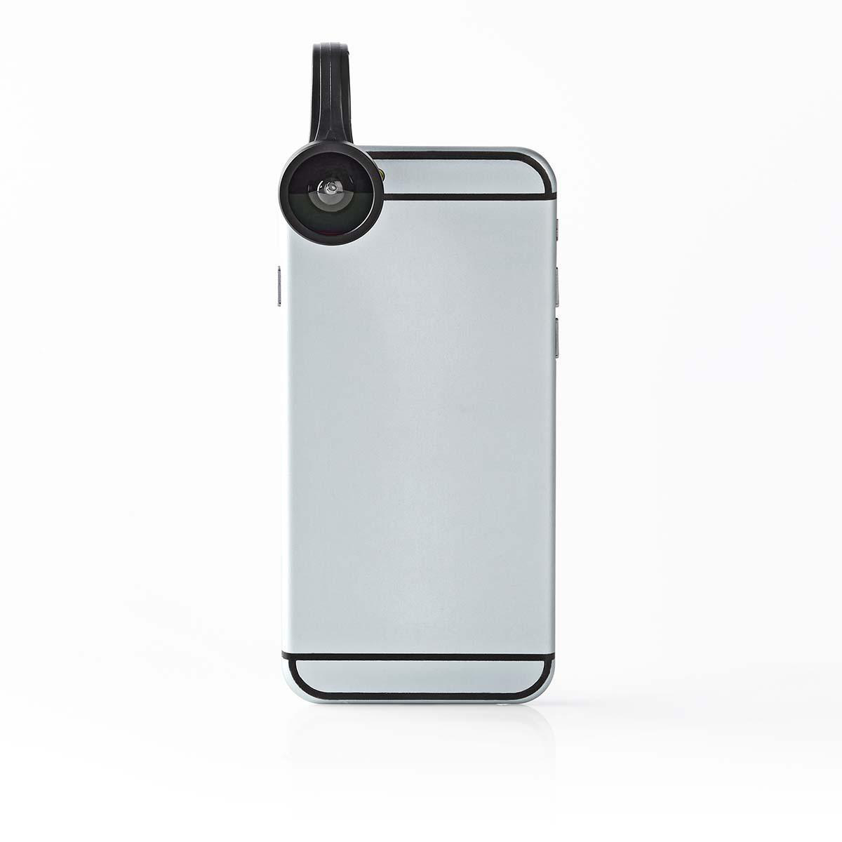 Silbernes Telefon mit aufgesetzter Linse, auf weißem Hintergrund.
