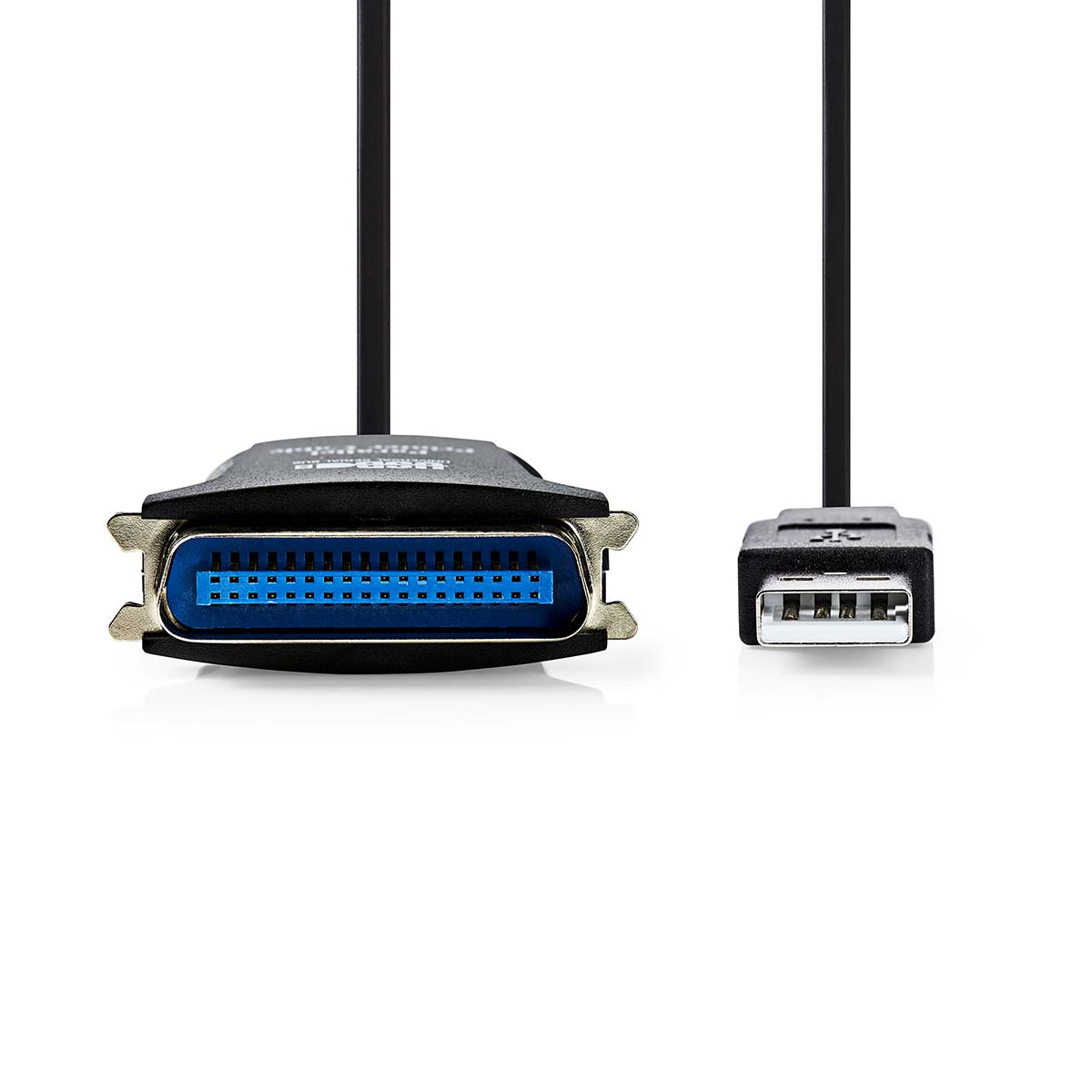 Cavo nero da USB a parallela. Un'estremità è USB, l'altra ha una porta parallela blu.