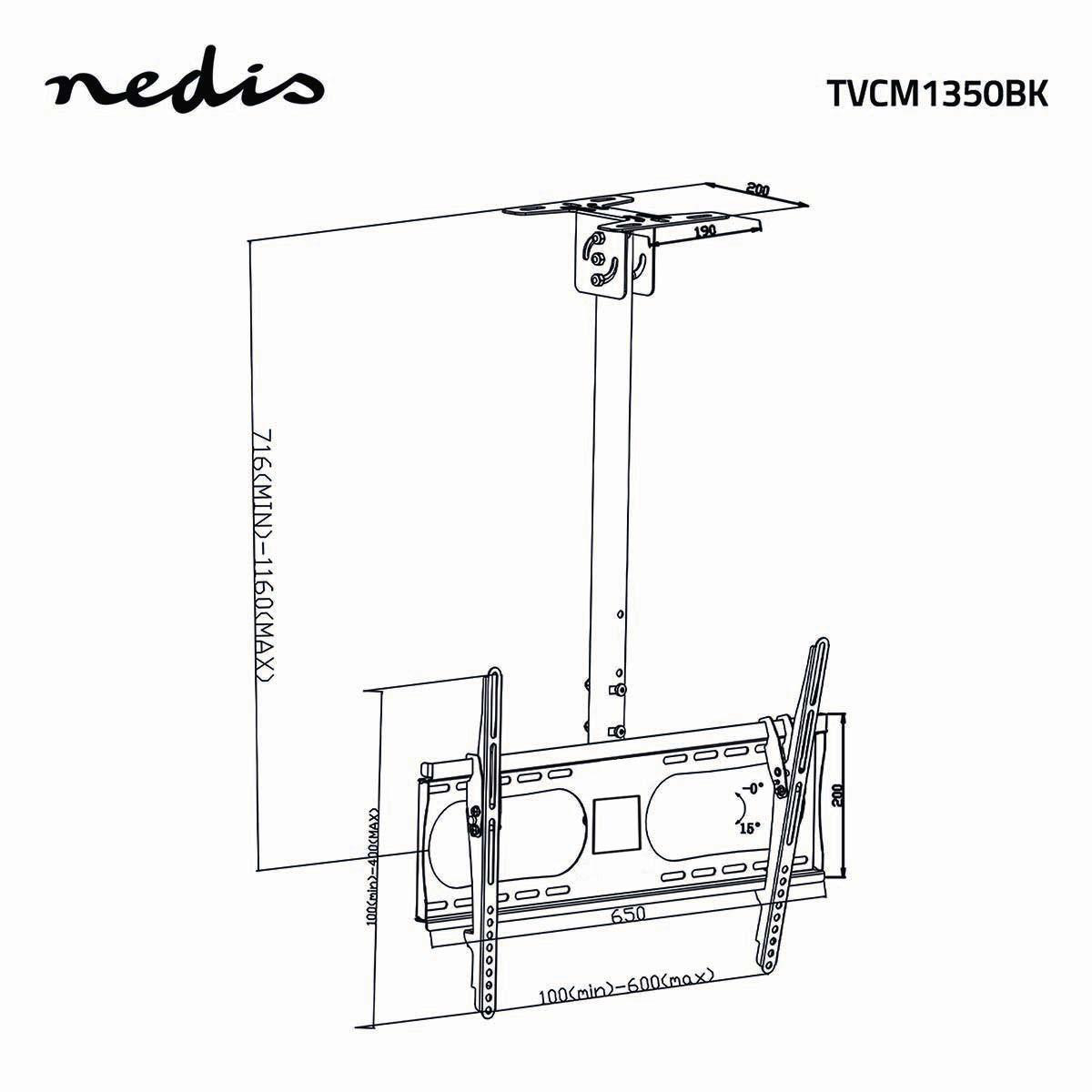 Un diagramma in bianco e nero di un supporto a soffitto per TV. Mostra dimensioni, angoli e il marchio Nedis.