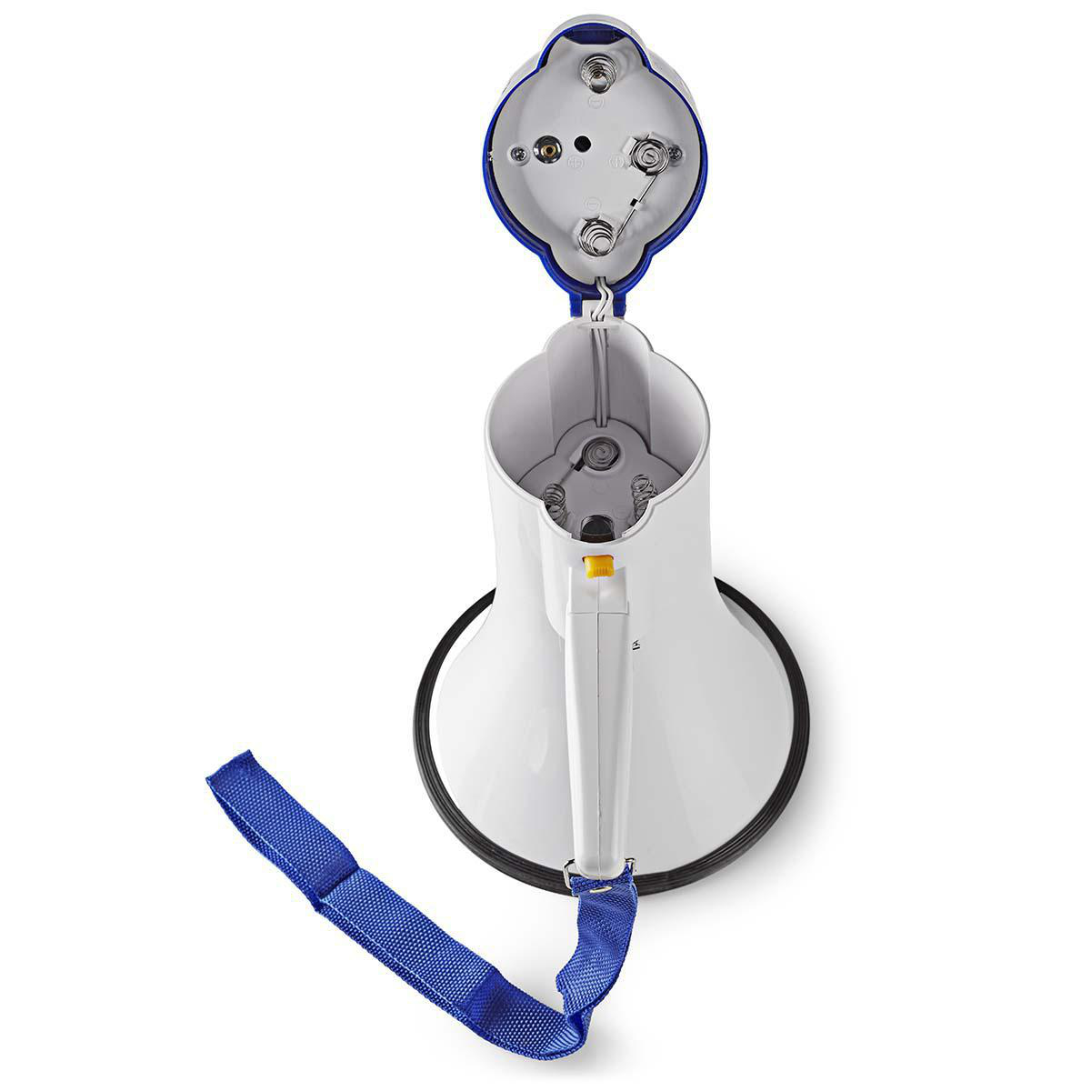 Megafono bianco con cinturino blu e vano batterie aperto, che mostra le batterie all'interno.