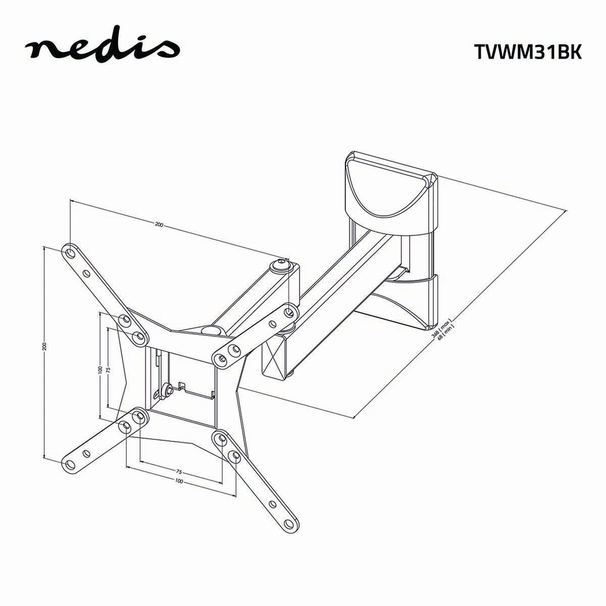 A schematic of a TV wall mount, labeled Nedis TVWM31BK. It shows dimensions and components, including mounting arms and a bracket.