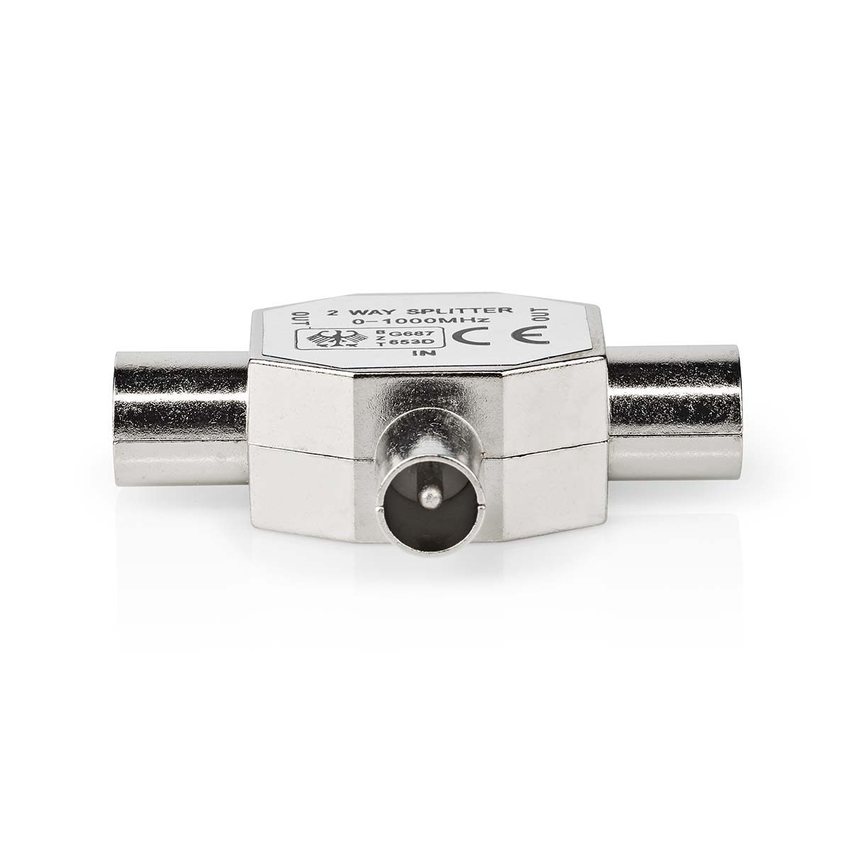 Uno splitter a 2 vie argentato con sfondo bianco e grigio.