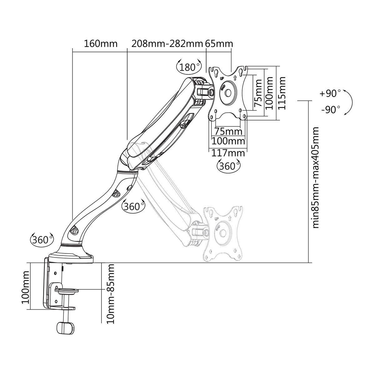 Diagramm eines Monitorarms. Zeigt Abmessungen, Maße und Winkel zur Einstellung.