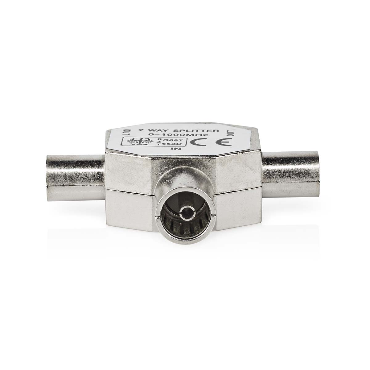 Ein silberner 2-Wege-Splitter mit Anschlüssen. Der Text '2 WAY SPLITTER' und '1000 MHz' steht drauf.