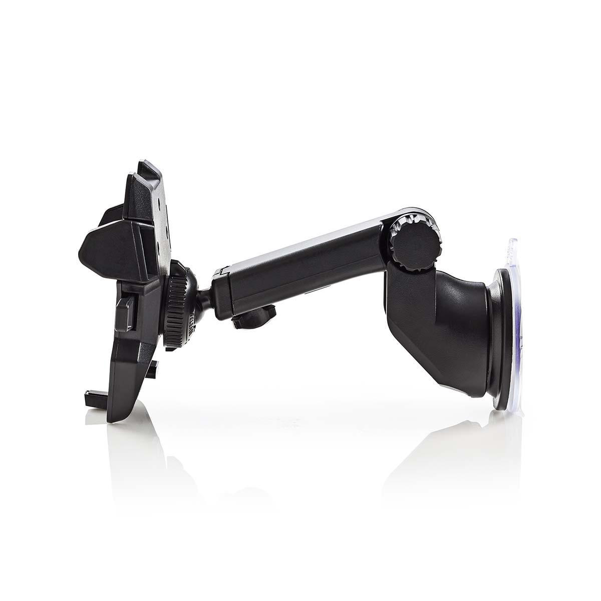 Eine schwarze Handyhalterung für ein Auto mit Saugnapfbasis und verstellbarem Arm.