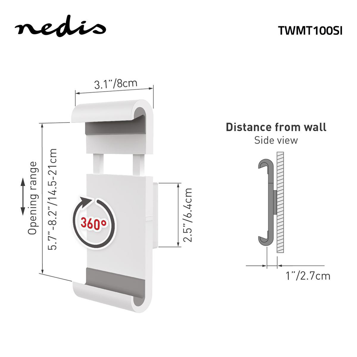 White phone holder with dimensions and 360° rotation symbol, and a side view diagram.