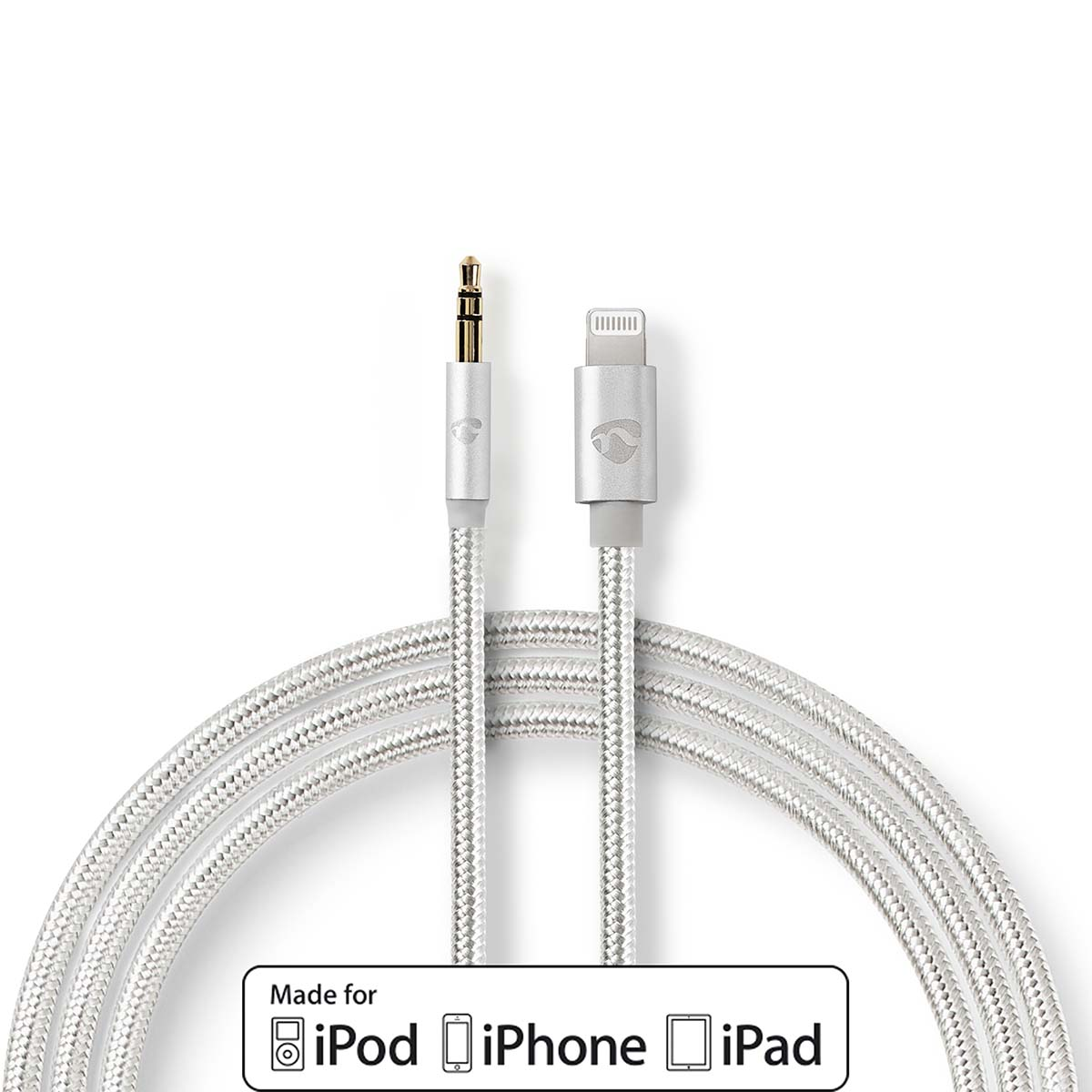 Weißes Kabel mit 3,5-mm-Klinke und Lightning-Anschluss sowie 