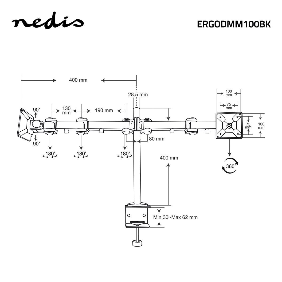 Diagramm eines Monitorarms mit Messungen und Rotationsanzeigen. Schwarz und weiß.
