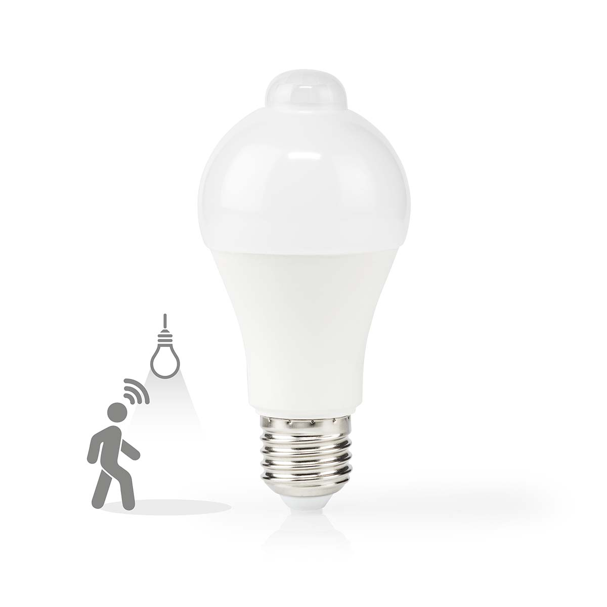 Ampoule blanche avec capteur en haut, montrant une icône de mouvement, sur fond blanc.