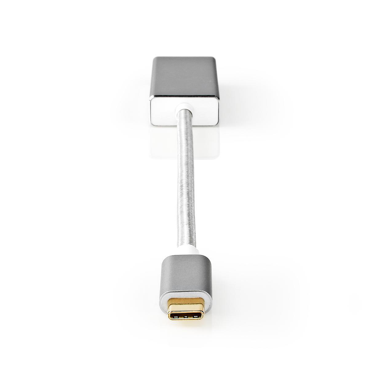Silber-grauer USB-C-Adapter mit flexiblem Verbindungsstück. Weißer Hintergrund.