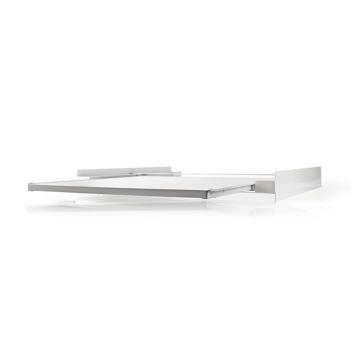 White shelf extending from a white wall. Clean, minimalist design. White background.