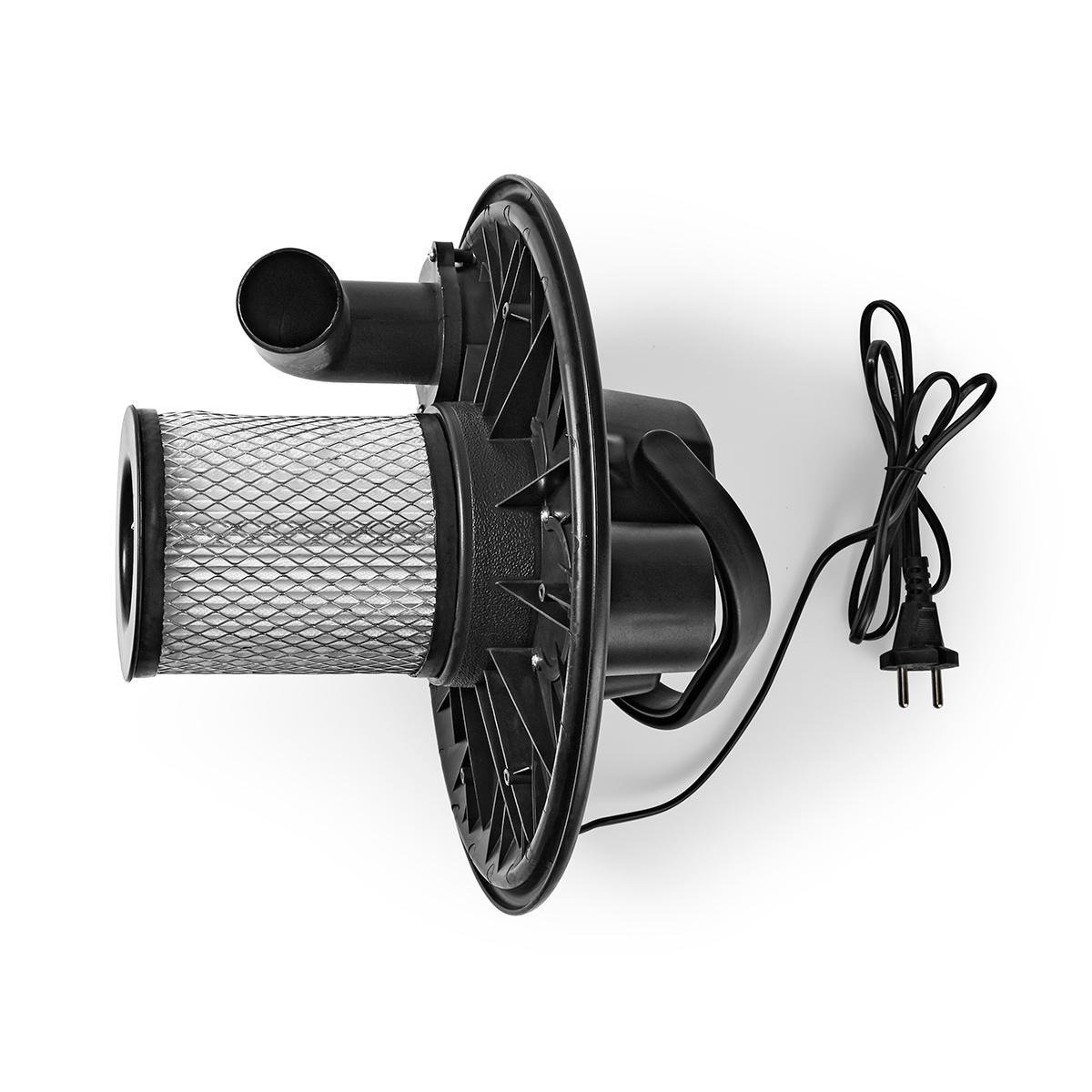 Zwarte stofzuigermotor met een filter, slangbevestiging en een netsnoer.