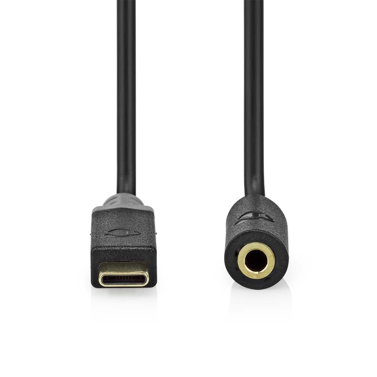 Een zwarte kabel met een USB-C-connector aan het ene uiteinde en een audio-aansluiting aan het andere.