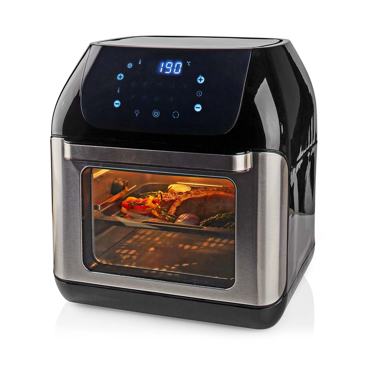 Zwarte heteluchtfriteuse met voedsel erin. Digitaal display toont 190 graden. Metalen en glazen deur.