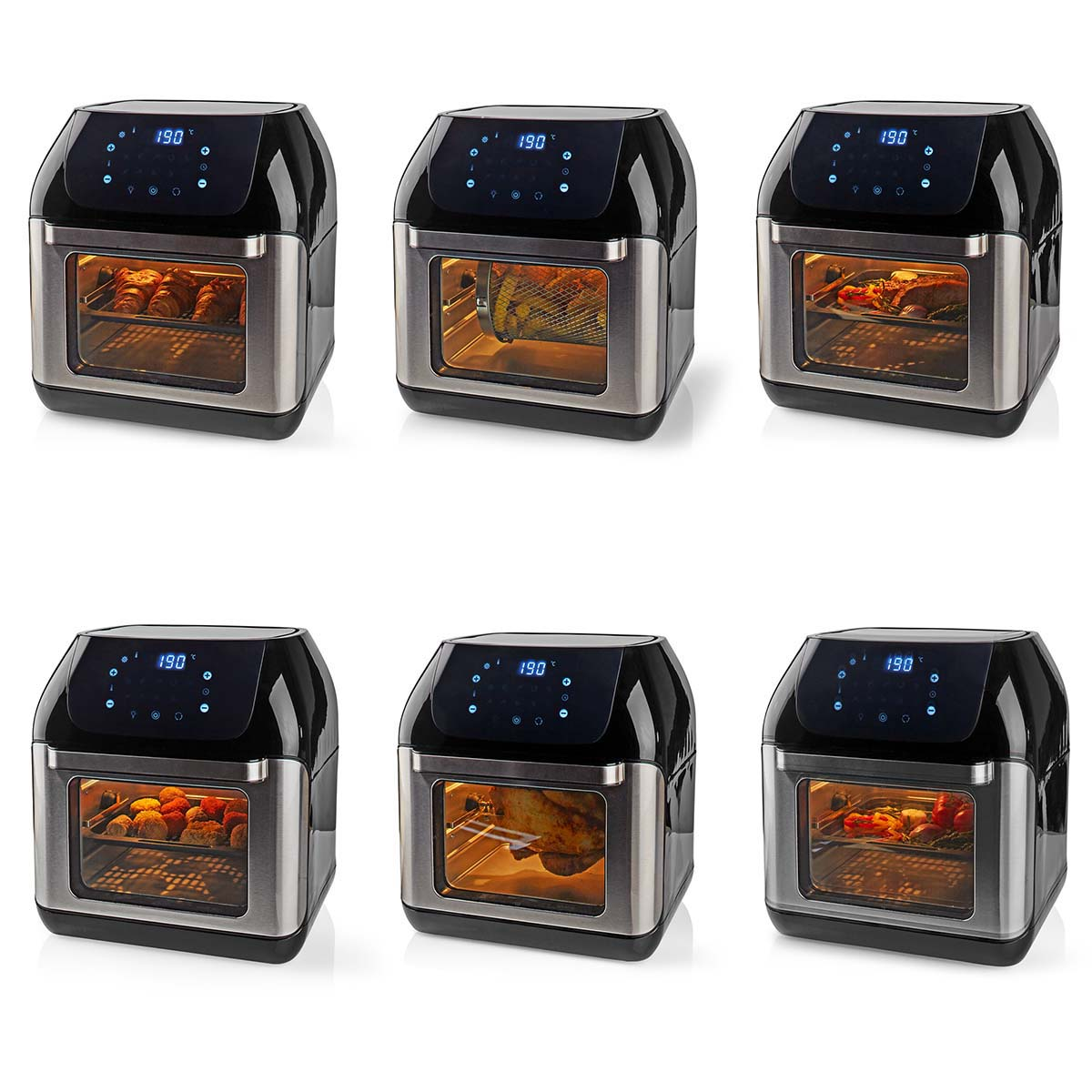 Zes airfryers, elk met een digitaal display, met verschillende gerechten.