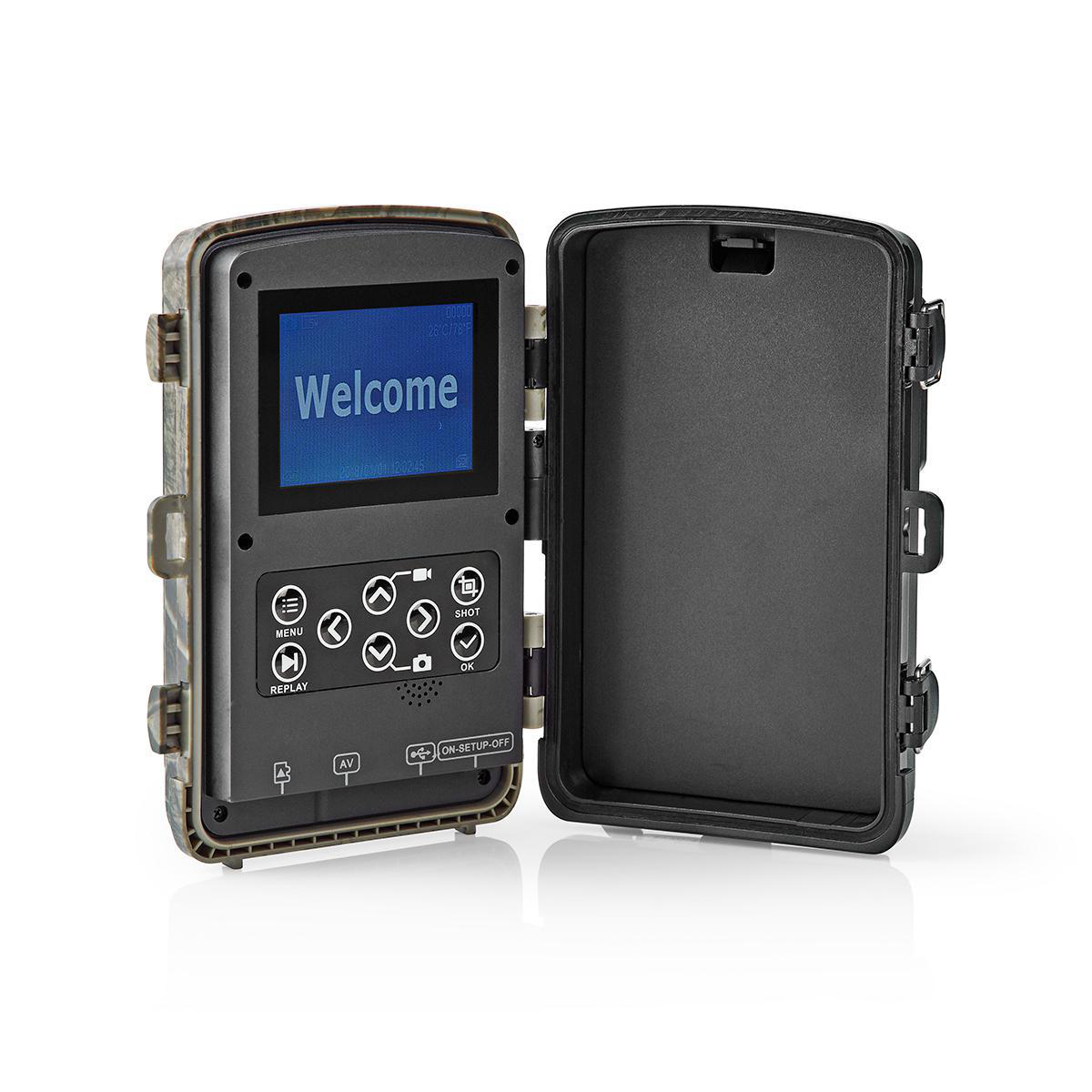 Kamera leśna w kamuflażu, otwarta, wyświetla "Welcome" na ekranie.