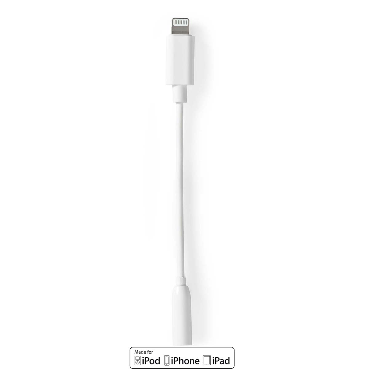 White Lightning to 3.5mm audio adapter cable, isolated on white.