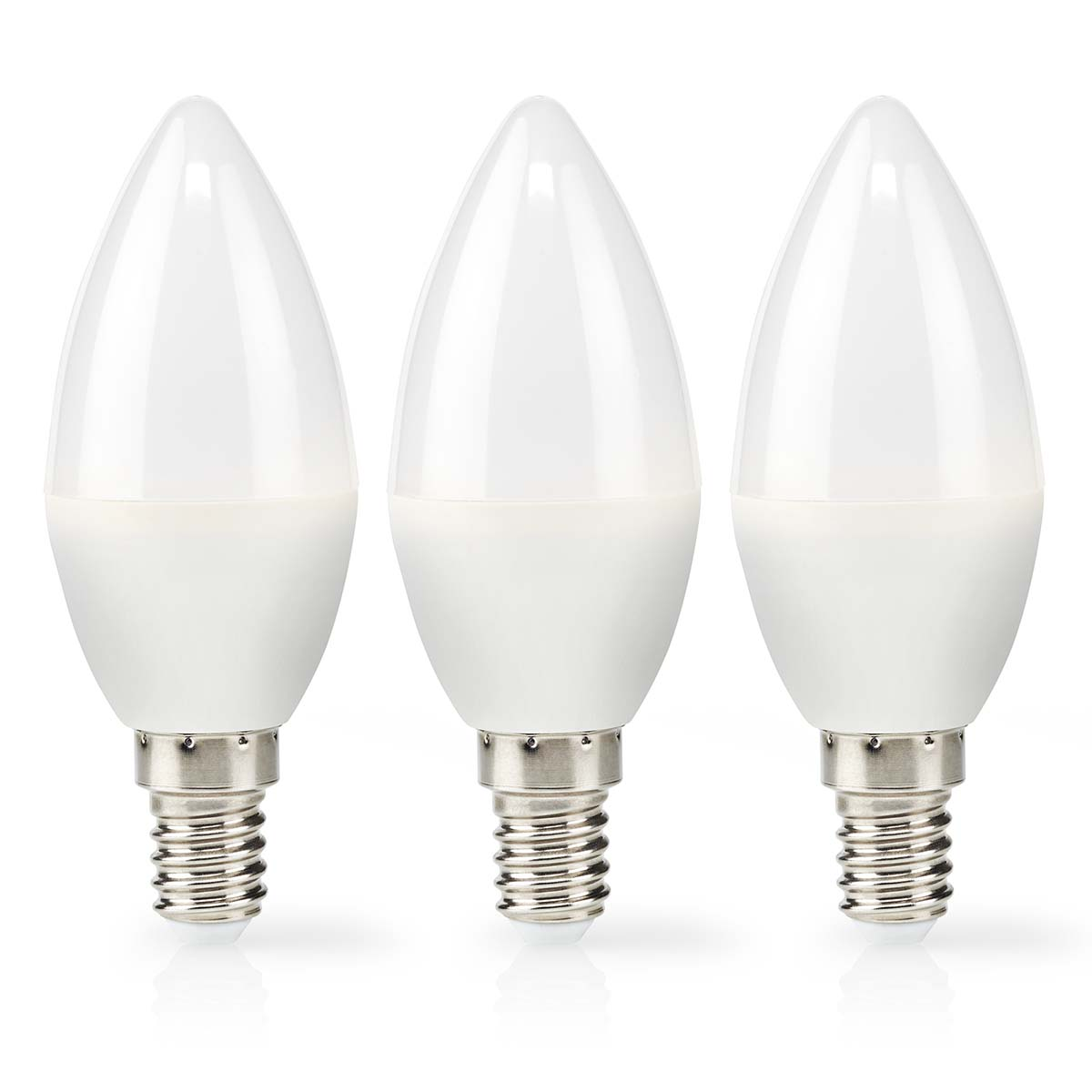 Tre lampadine a LED bianche a forma di candela con basi in metallo argentato, disposte verticalmente su sfondo bianco.