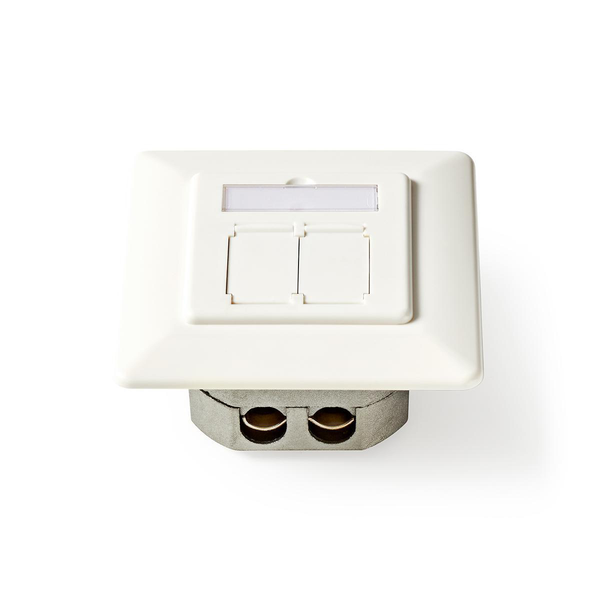 White electrical outlet face with two ports and a small label area. Metal base.