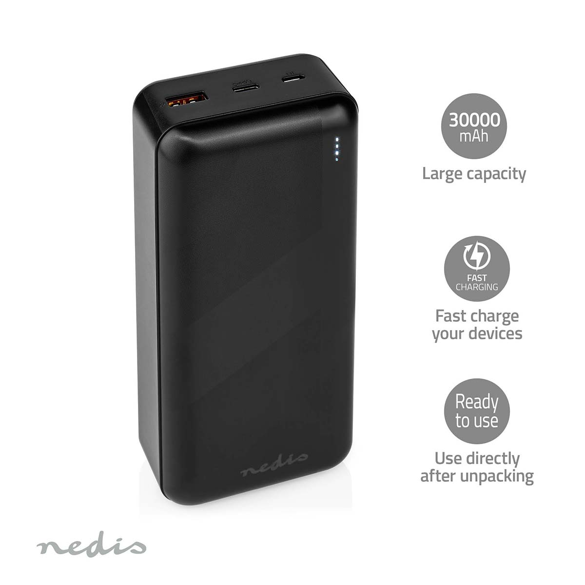 Schwarze Powerbank mit Text: 30000 mAh, Große Kapazität, Schnellladen, Sofort einsatzbereit.