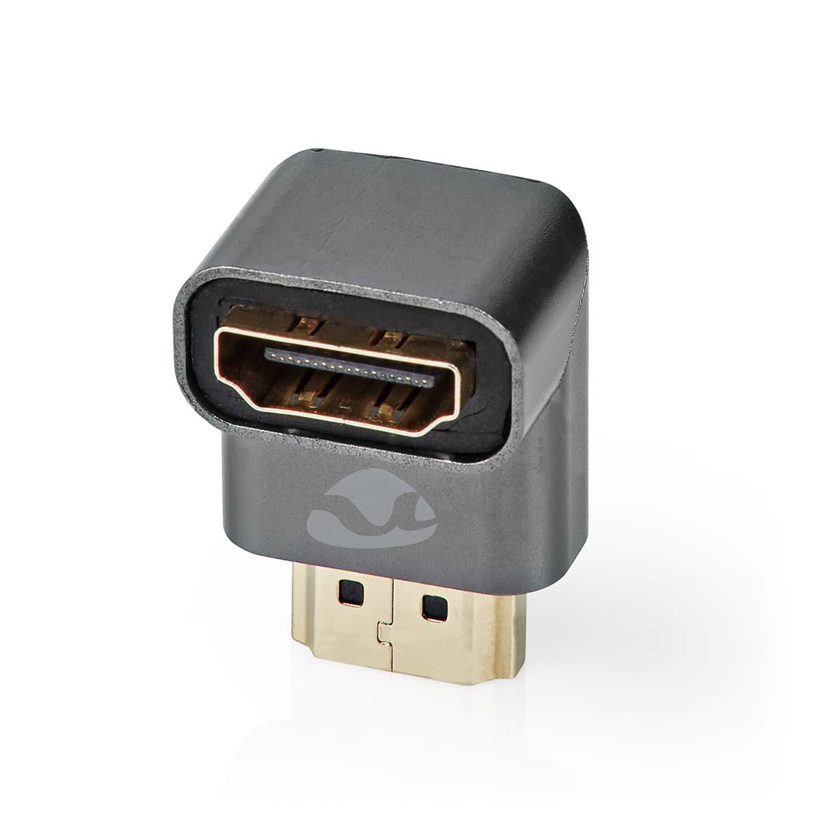 Abgewinkelter HDMI-Anschluss, dunkelgrau mit goldfarbenem Stecker auf weißem Grund.