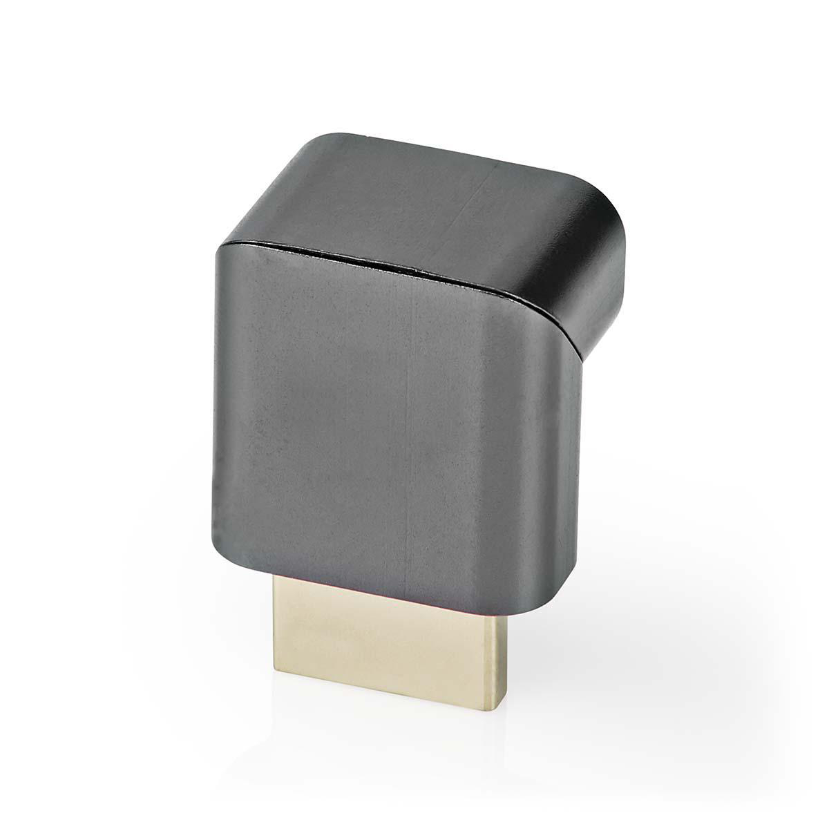 Ein schwarzer Adapter mit einem HDMI-Anschluss und einem USB-C-Anschluss, auf weißem Hintergrund.