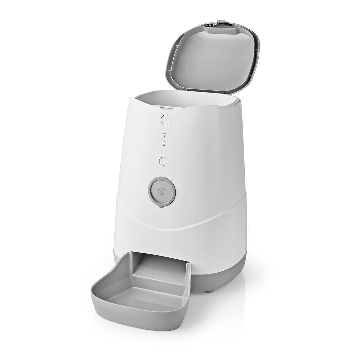 White and gray pet food dispenser with open lid and food tray.