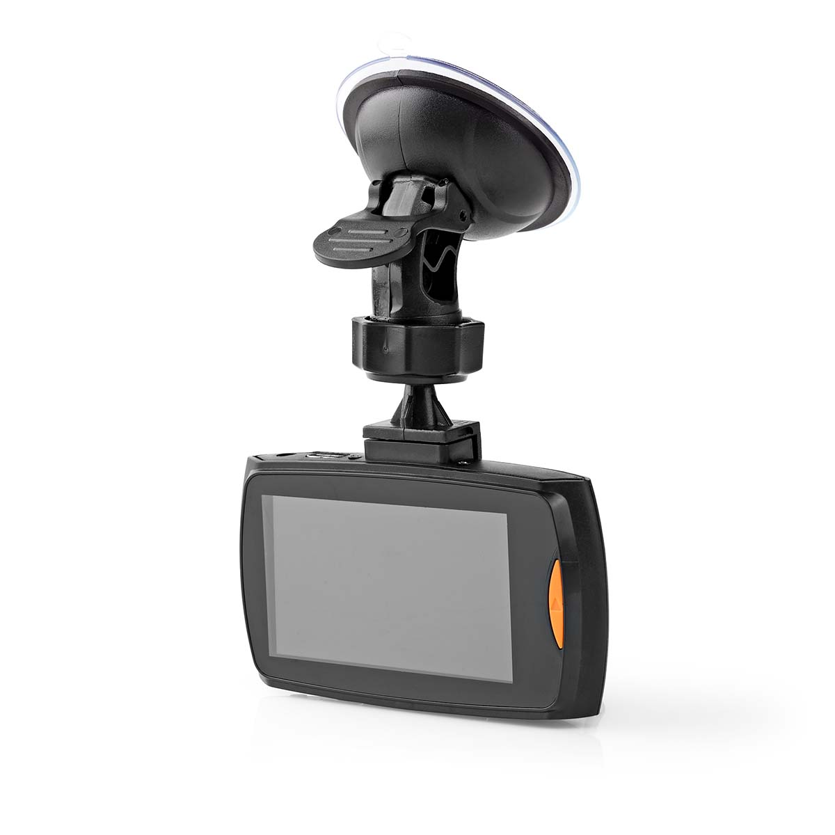 Dashcam nera con schermo, supporto a ventosa, dettaglio arancione, su sfondo bianco.
