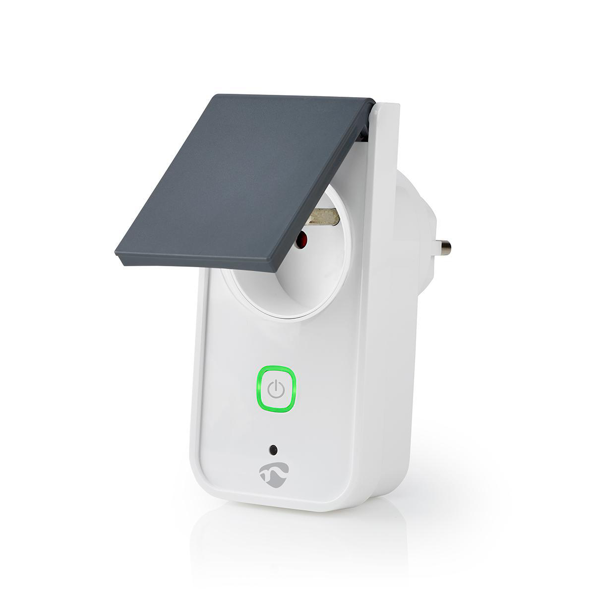 Weißer Smart-Stecker mit grauer Abdeckung. Der Stecker hat einen grünen Power-Button und Eurostecker.