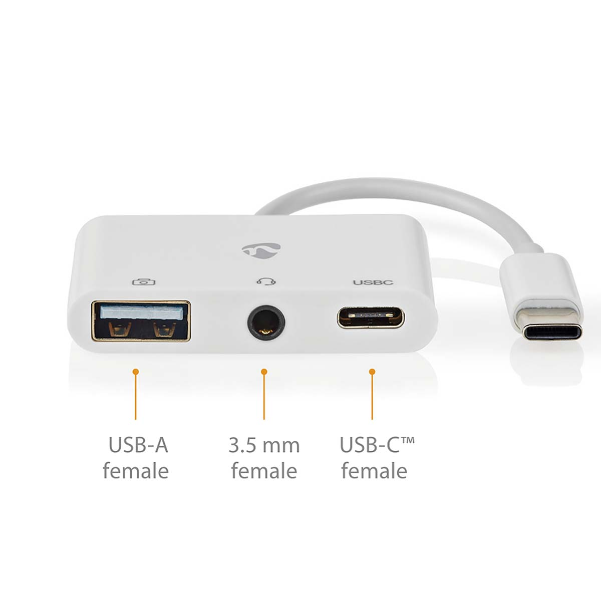 Witte USB-hub met USB-A-, 3,5 mm- en USB-C-poorten, voor elk gemarkeerd.