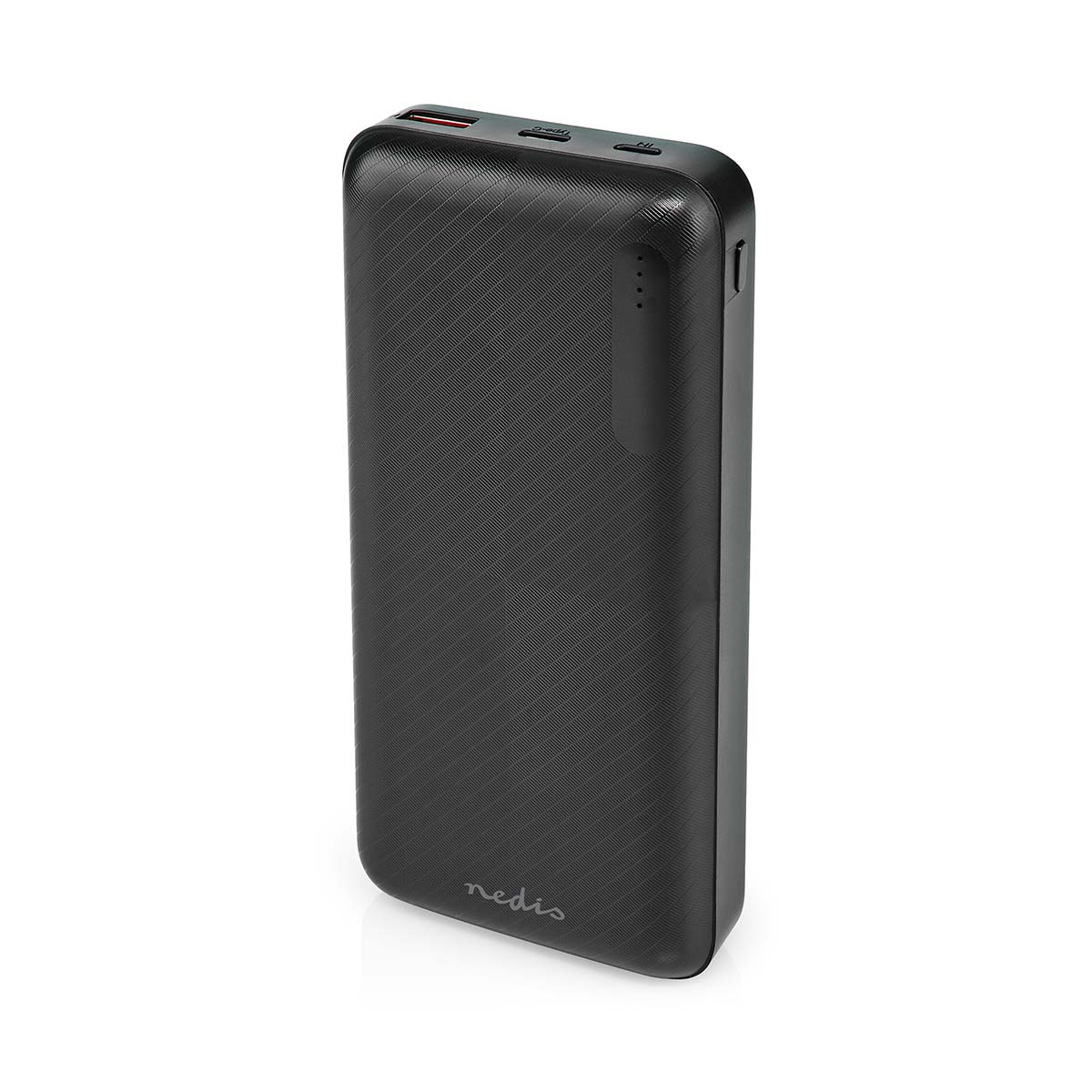 Eine schwarze tragbare Powerbank auf weißem Hintergrund.