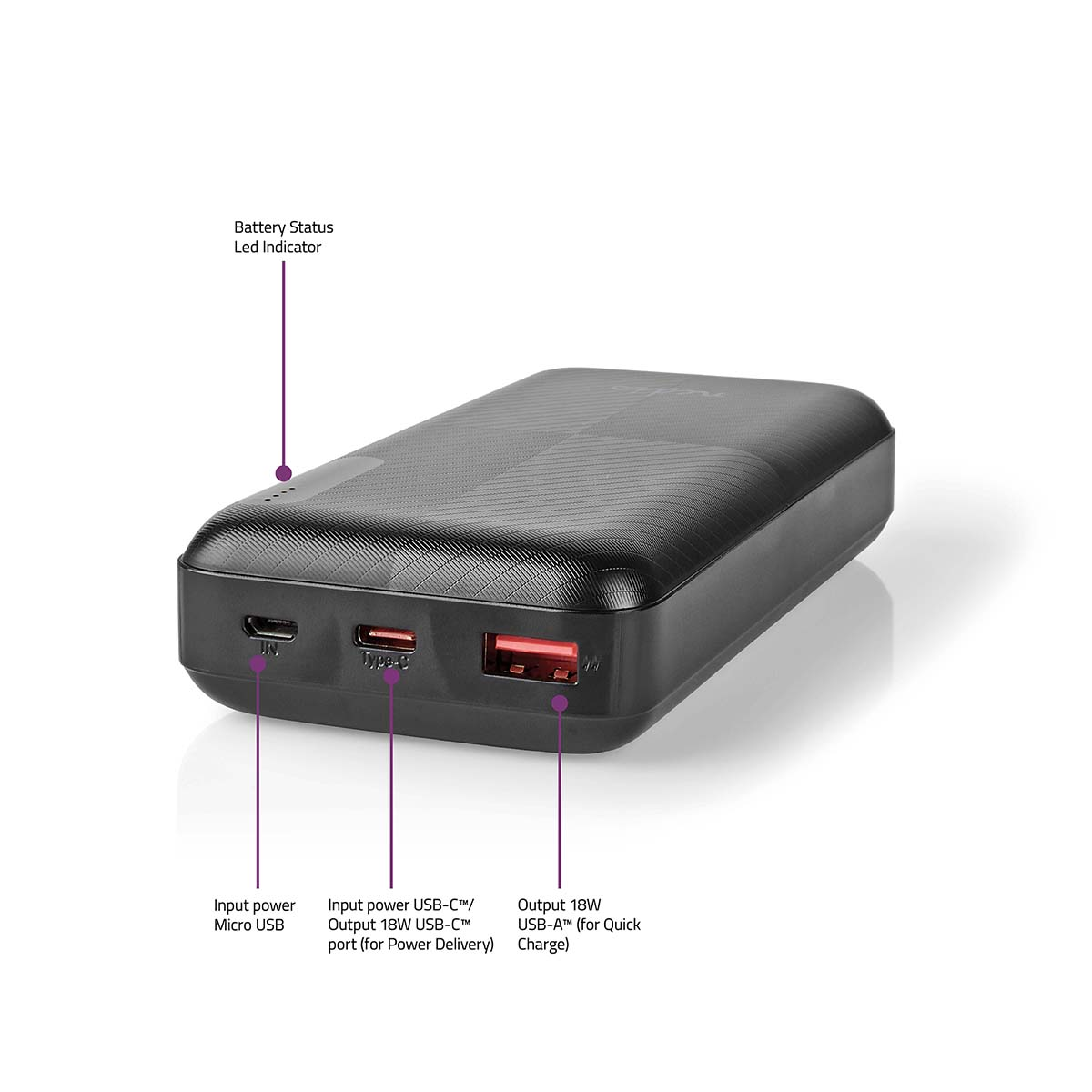 Schwarze Powerbank mit beschrifteten Anschlüssen und rotem USB-Anschluss auf weißem Hintergrund.