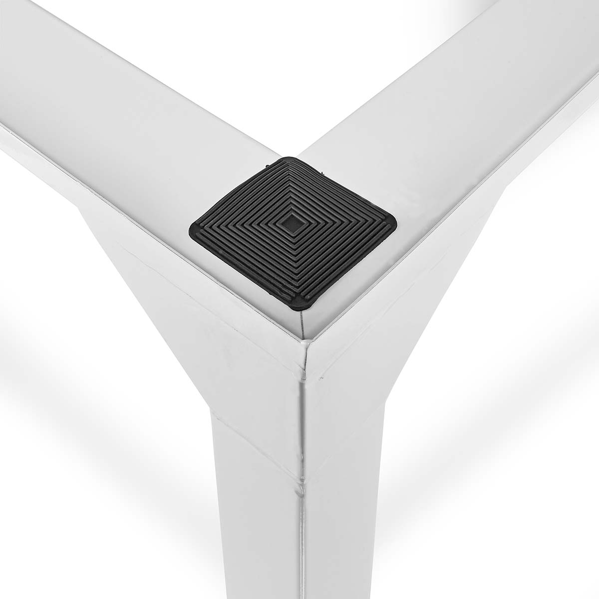 A chrome metal table leg with a black rubber square on the bottom.