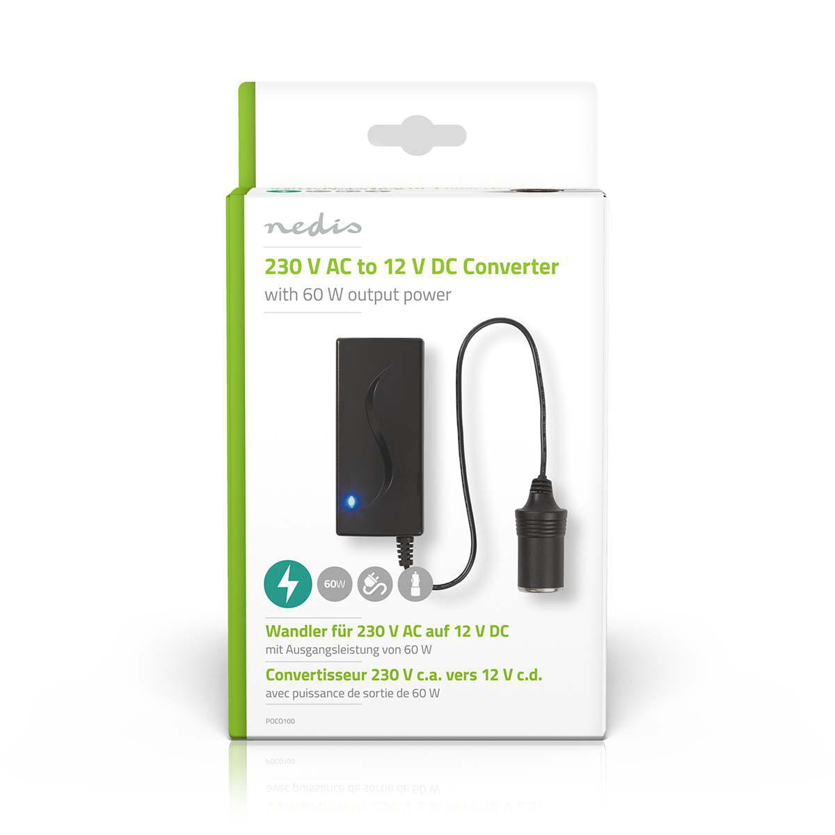 Box mit 230V AC zu 12V DC Konverter, schwarzes Gerät, weißer Hintergrund.